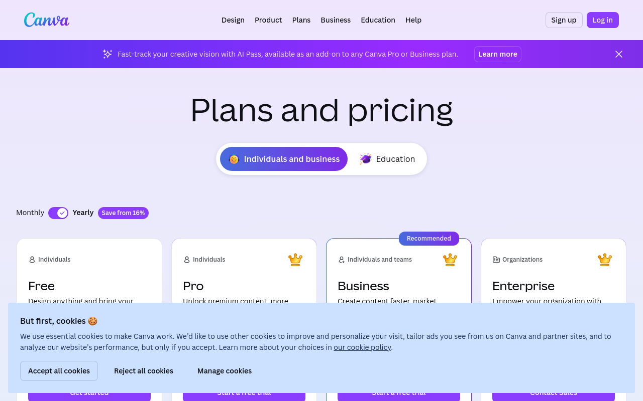 Canva Pricing Page — Screenshot captured 2026-04-15