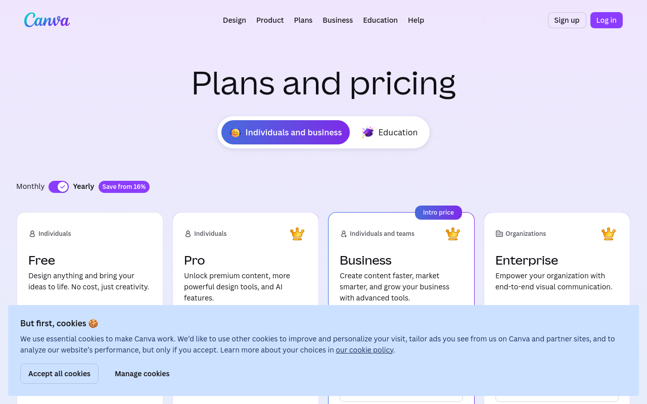 Canva Pricing Page — Screenshot captured 2026-03-24
