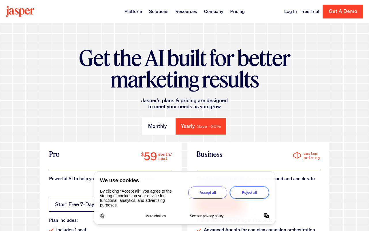 Jasper AI Pricing — Screenshot captured 2026-04-20