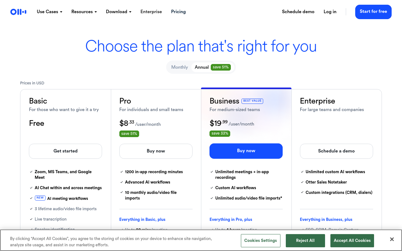 Otter.ai Pricing — Screenshot captured 2026-03-24