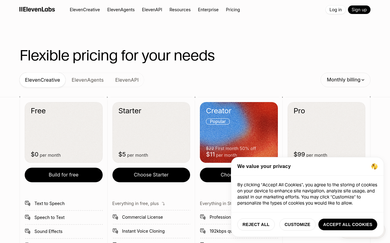 ElevenLabs Pricing — Screenshot captured 2026-04-07
