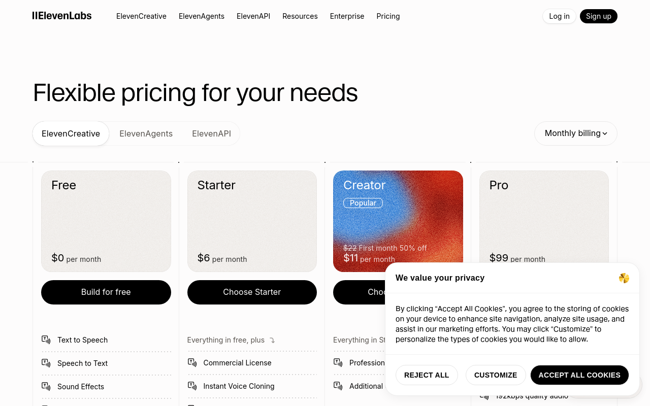 ElevenLabs Pricing — Screenshot captured 2026-04-21