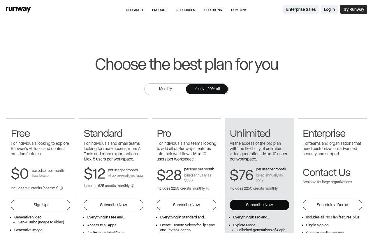 Runway Pricing Page — Screenshot captured 2026-03-24