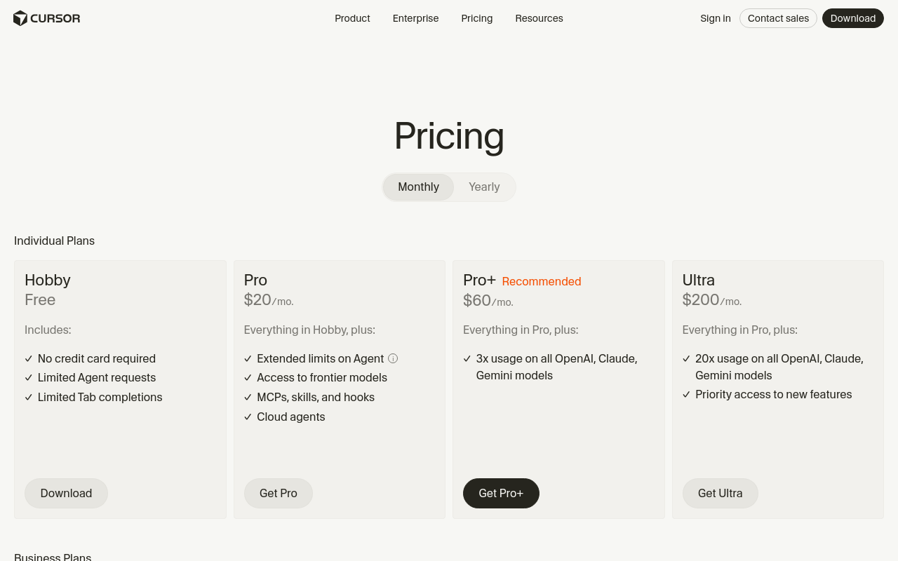 Cursor Pricing Page — Screenshot captured 2026-04-19